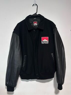 Vintage Marlboro Team Penske Black Men's Varsity Leather Jacket Rare XL